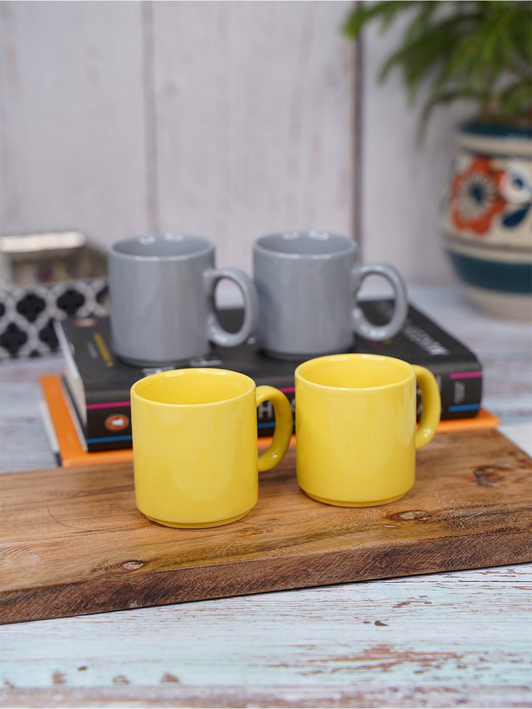 

LIVING ROOTS Yellow & Grey 4 Pieces Ceramic Glossy Mugs-110ml each