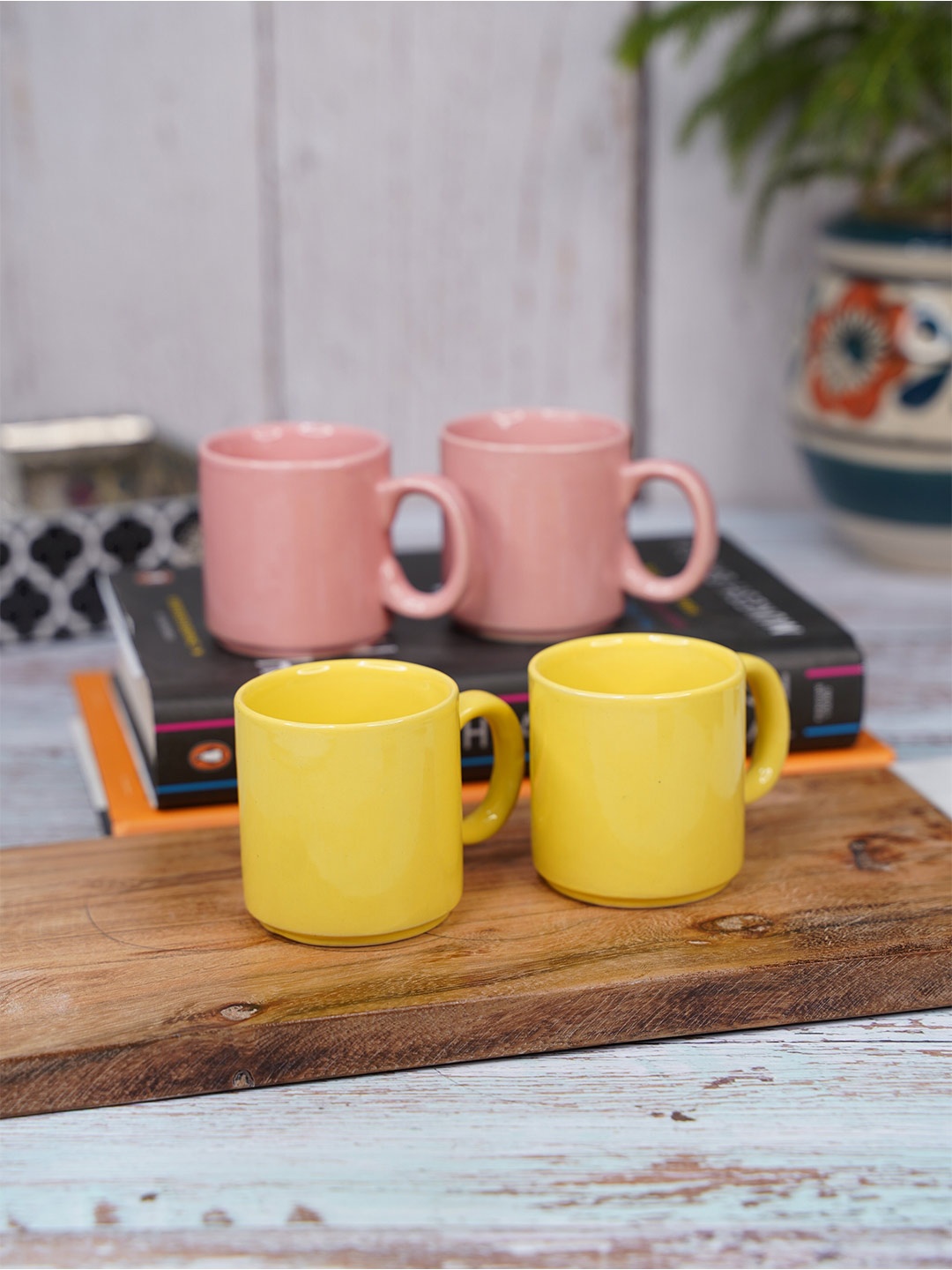 

LIVING ROOTS 4 Pieces Yellow & Peach-Coloured Solid Ceramic Glossy Cups -110 ML