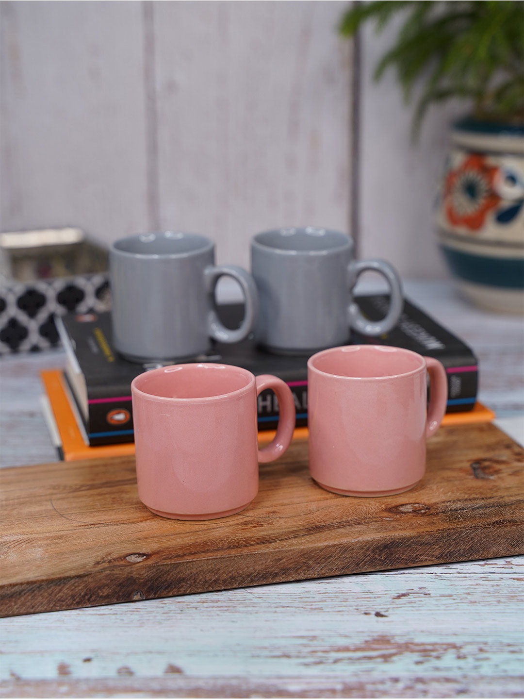 

LIVING ROOTS Grey & Peach-Coloured 4 Pieces Ceramic Glossy Cups-110ml Each