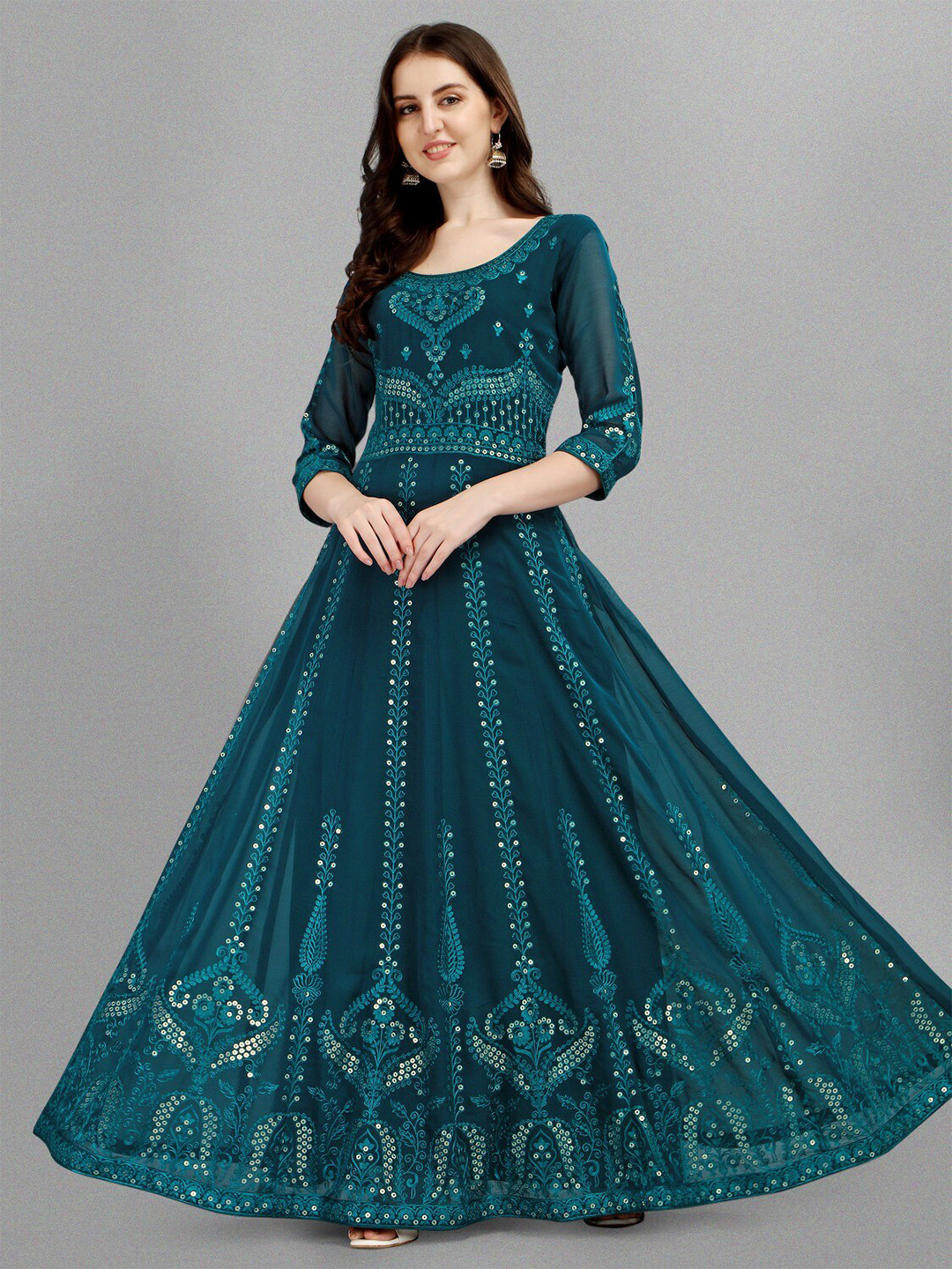 

Femvy Ethnic Motifs Embroidered Maxi Gown, Blue