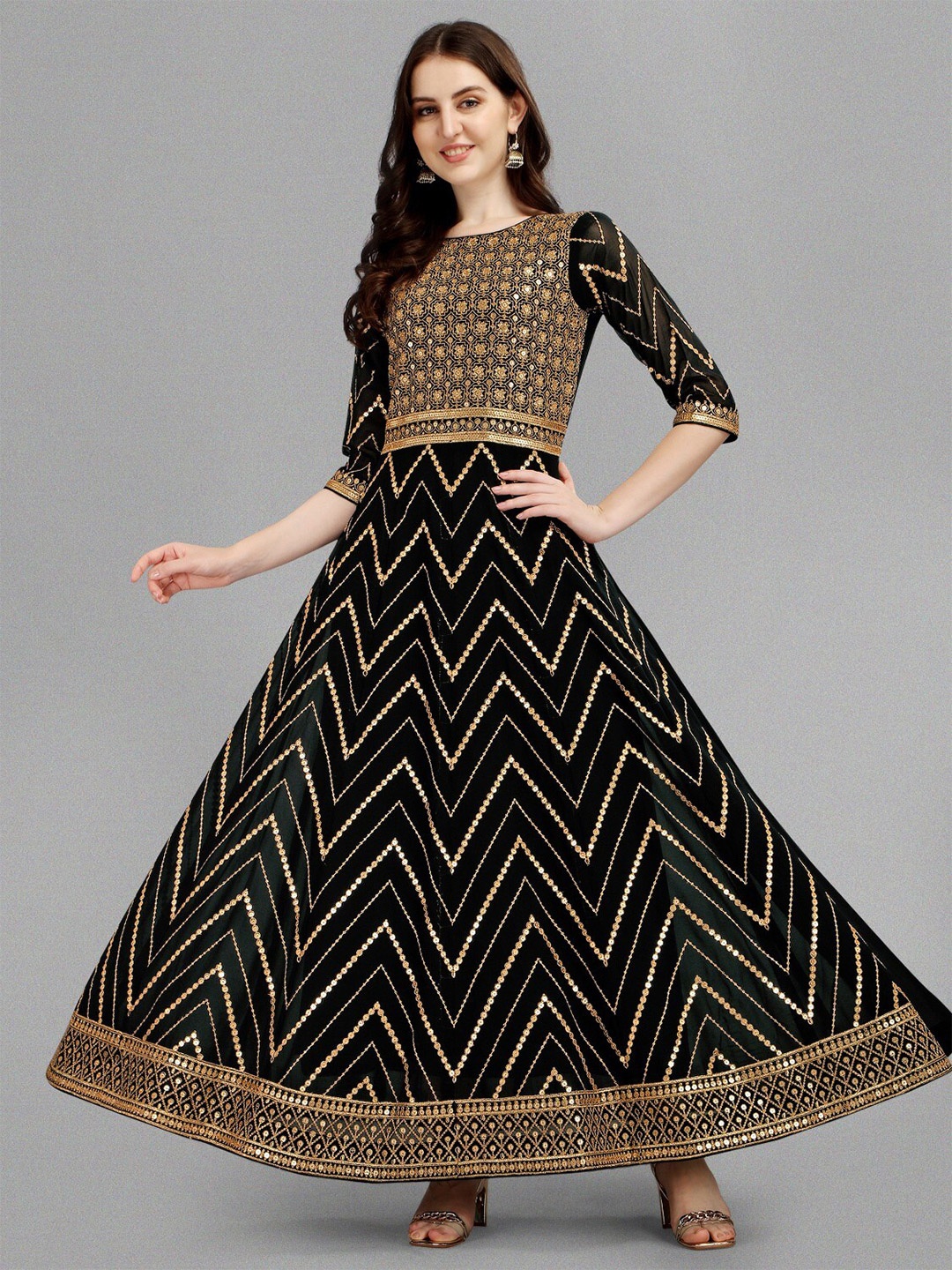 

Femvy Chevron Embroidered Maxi Gown, Black