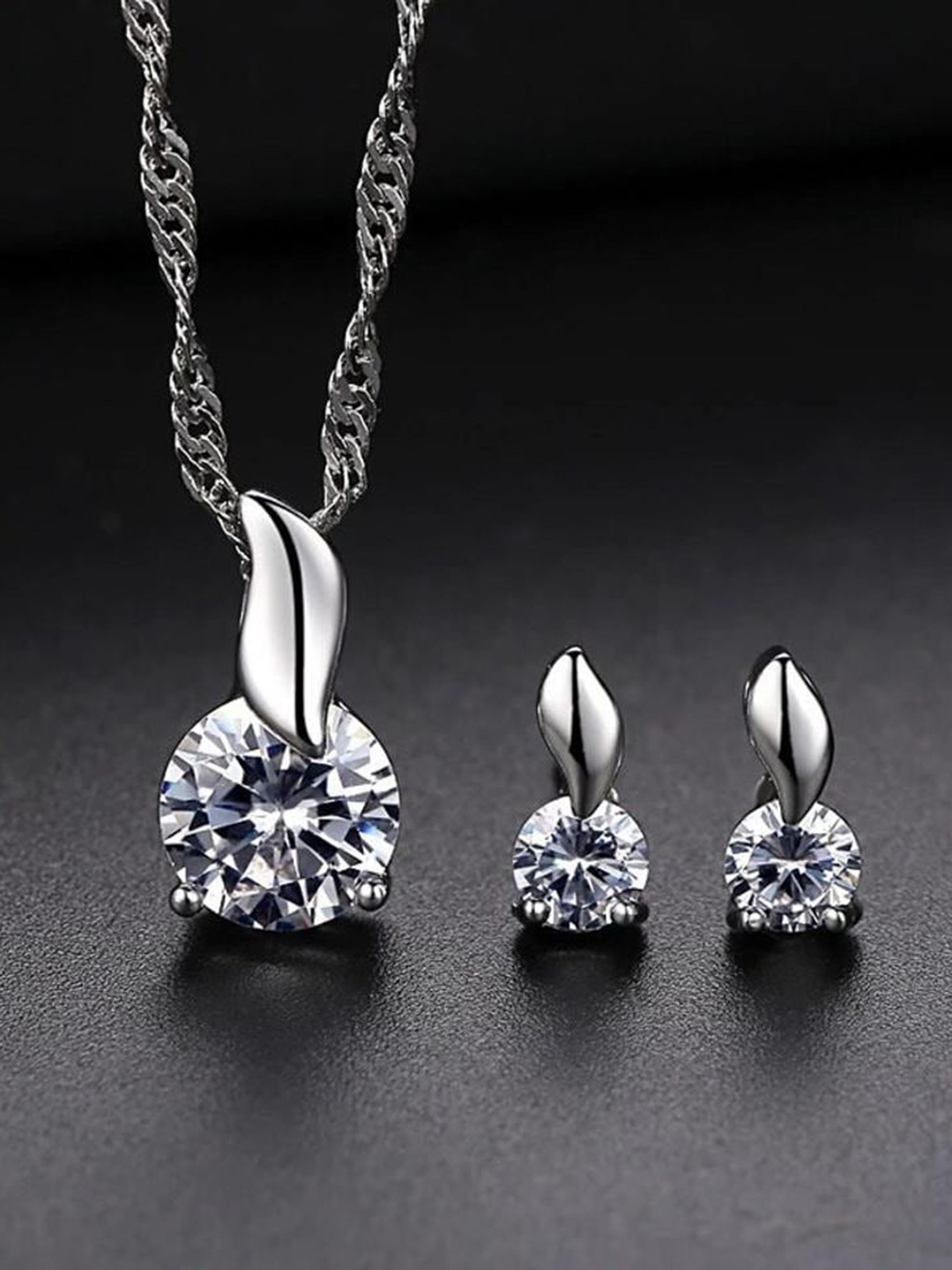 

MYKI Silver-Plated CZ-Studded Pendant With Earrings