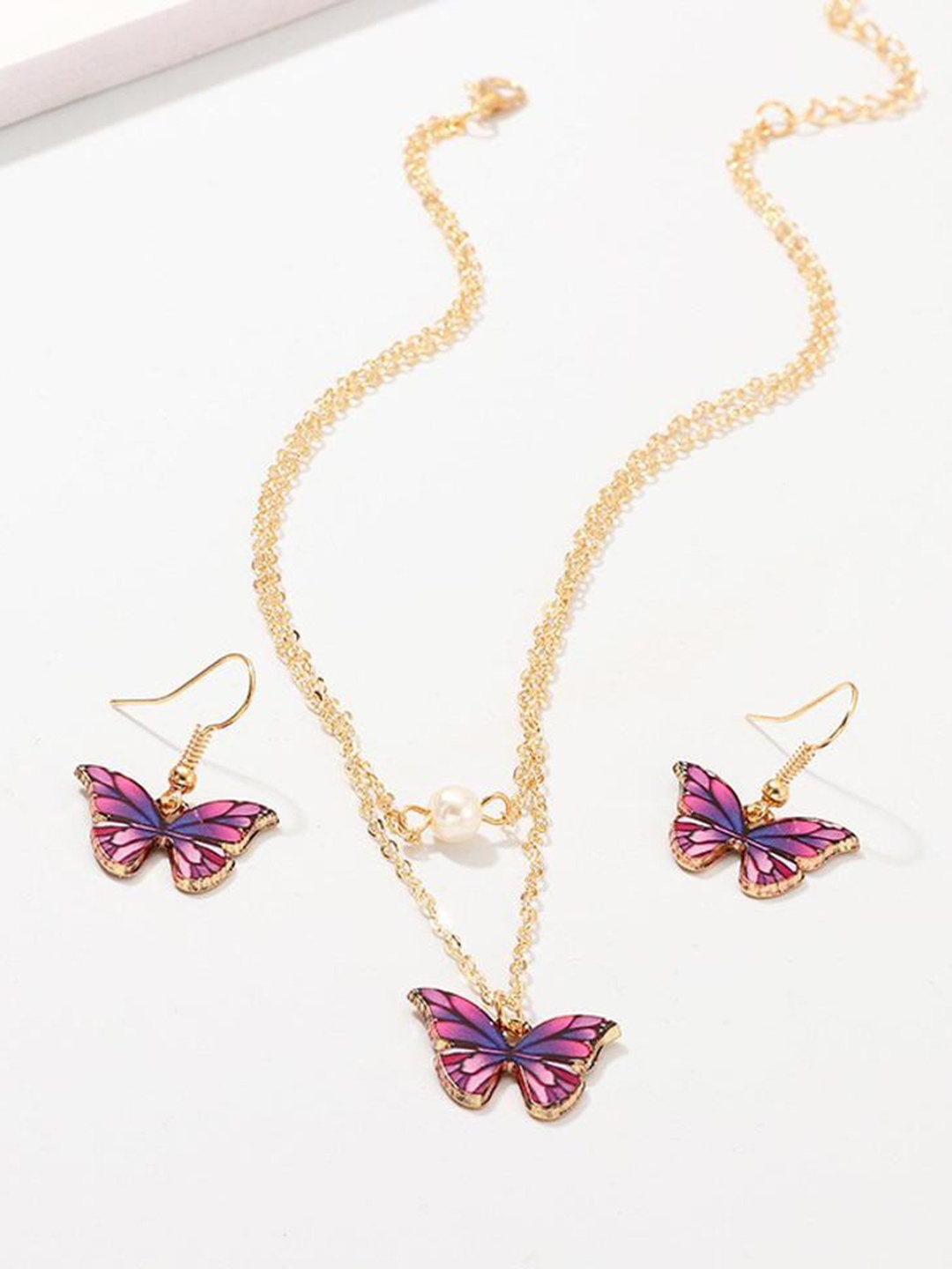 

MYKI Gold-Plated Multi Layer Butterfly With Pearl Pendant & Earrings, Purple