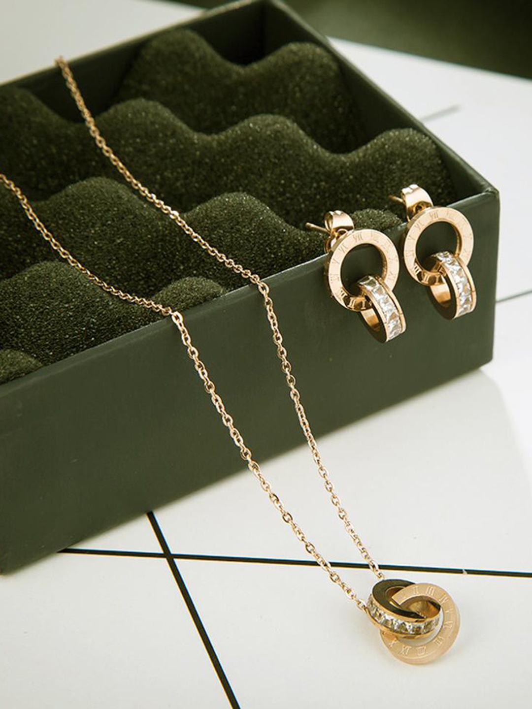 

MYKI Gold-Plated CZ-Studded Pendant With Earrings