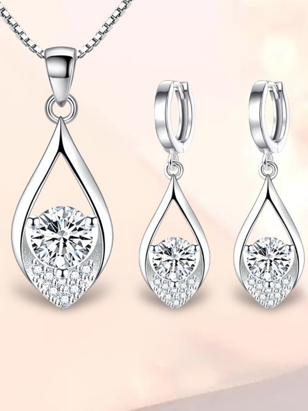 

MYKI Silver-Plated Zircon-Studded Drop Shaped Pendant & Earrings