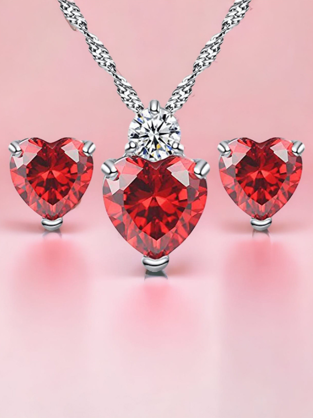 

MYKI Silver-Plated Red Heart Shape Valentine Pendant Set