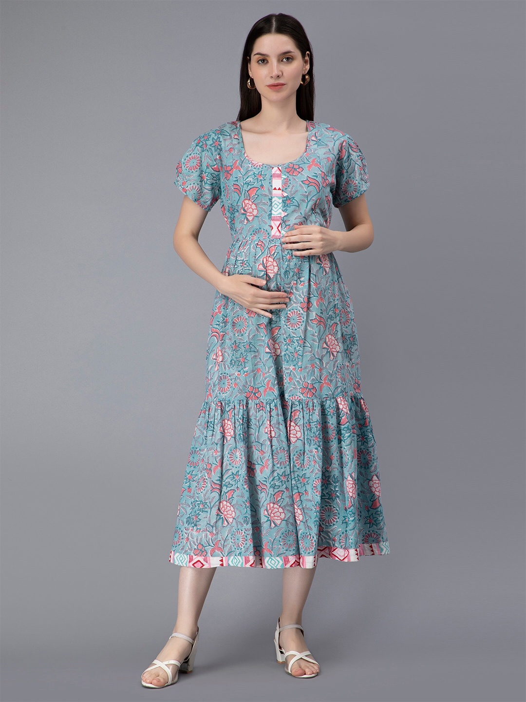 

NIGHTSPREE Floral Print Maternity Feeding A-Line Midi Dress, Blue