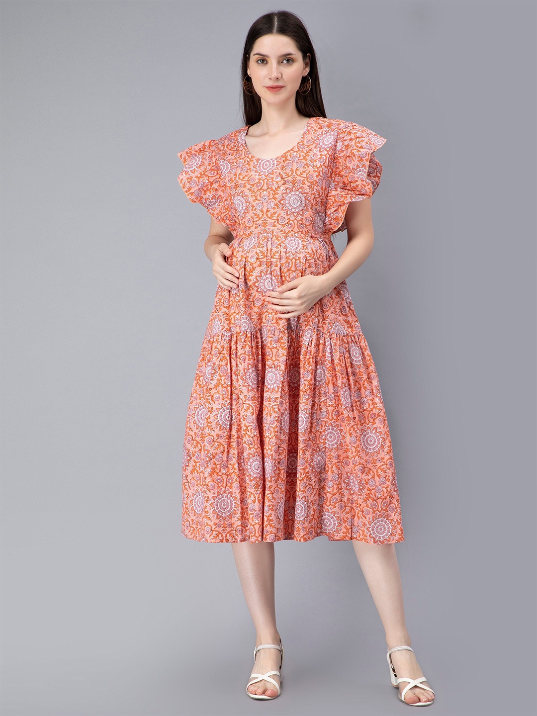 

NIGHTSPREE Floral Print Flutter Sleeve Maternity Feeding Fit & Flare Midi Dress, Peach