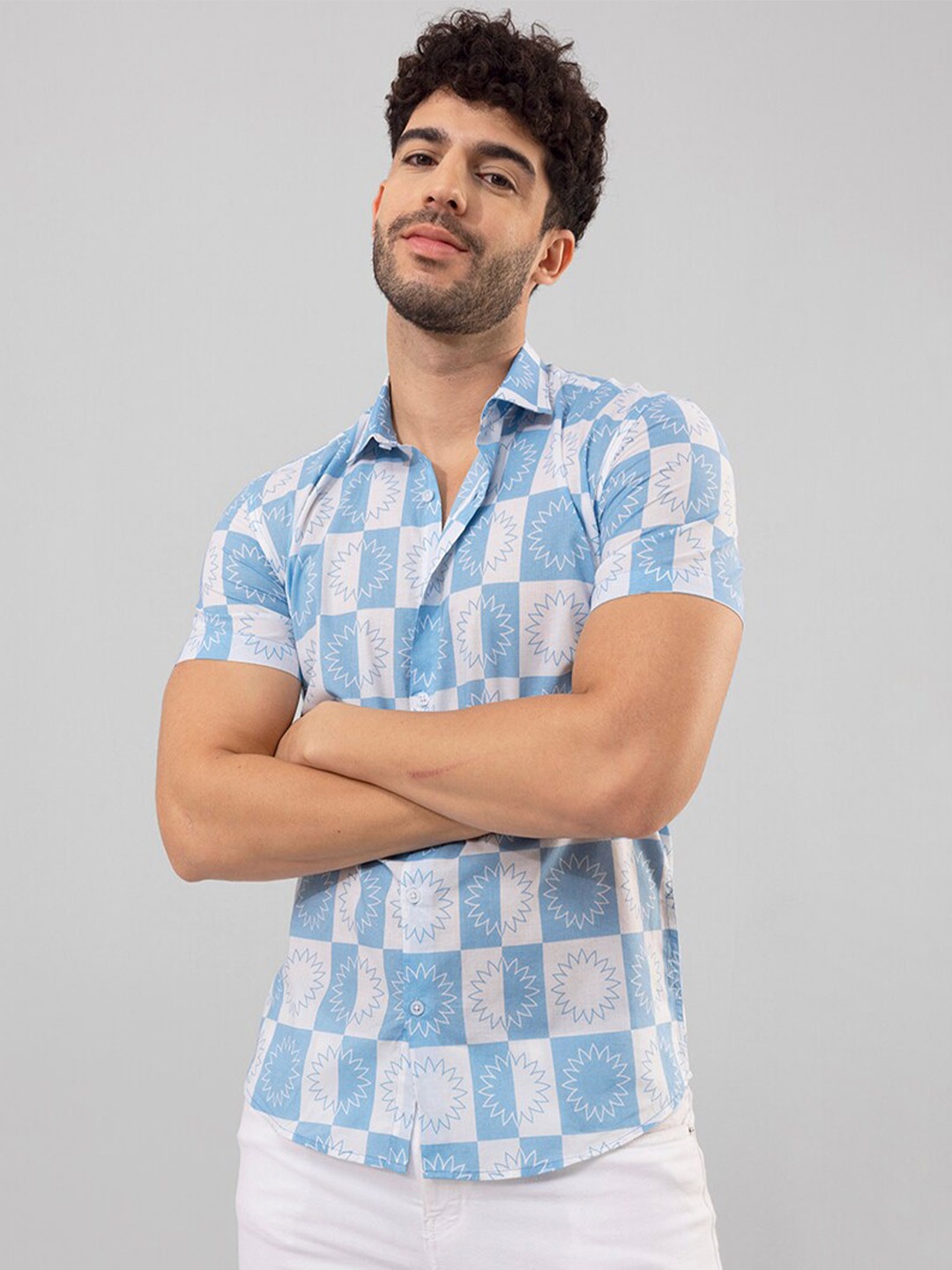 

Snitch Blue Slim Fit Geometric Printed Cotton Casual Shirt