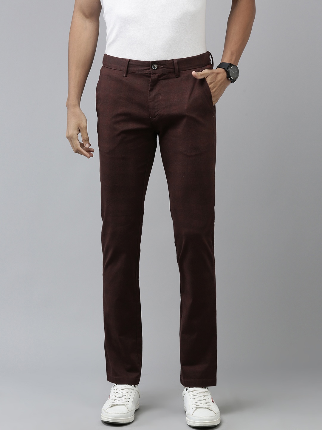 

V Dot Men Slim Fit Chinos Trousers, Brown