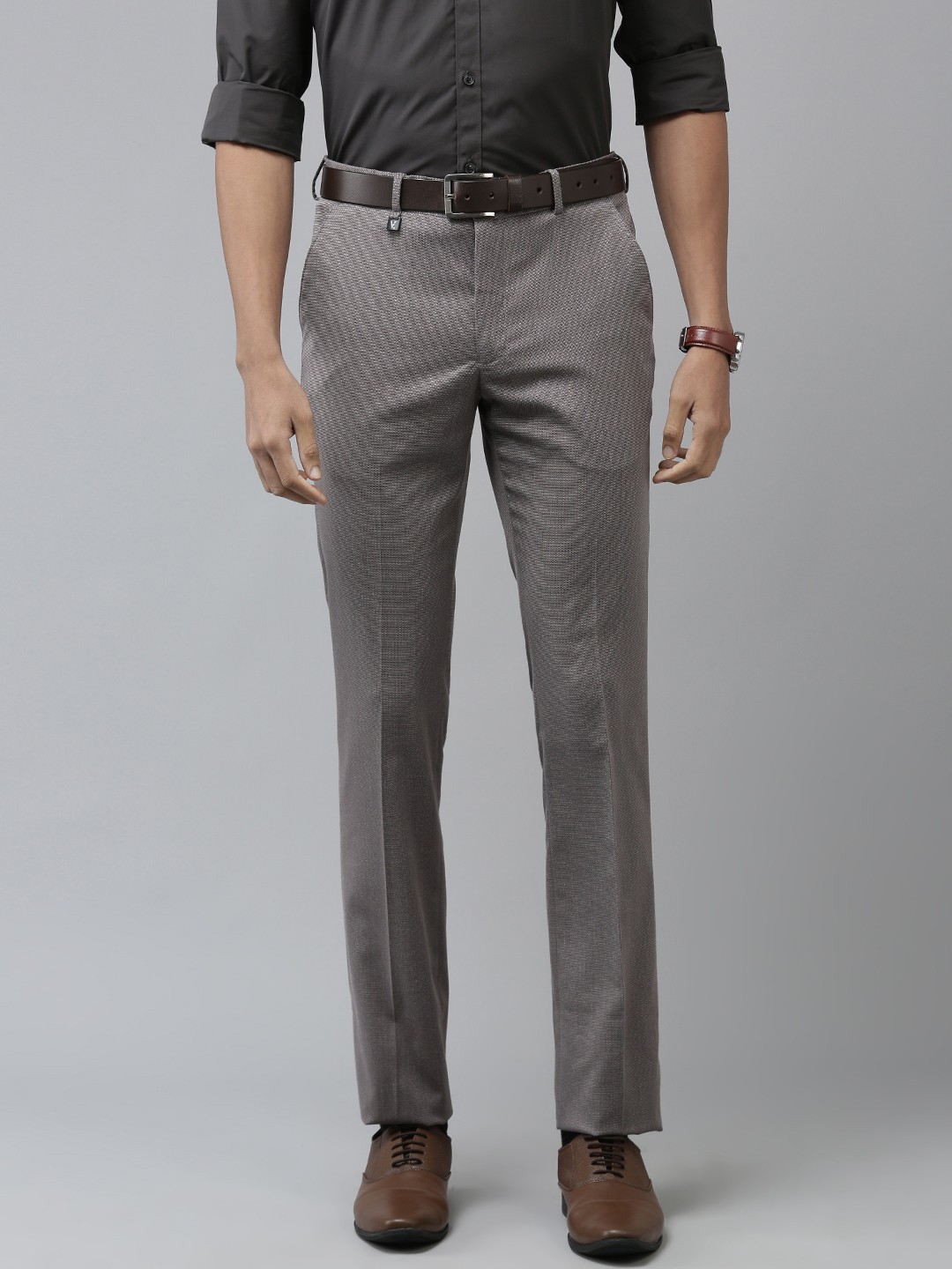 

V Dot Men Textured Slim Fit Trousers, Brown
