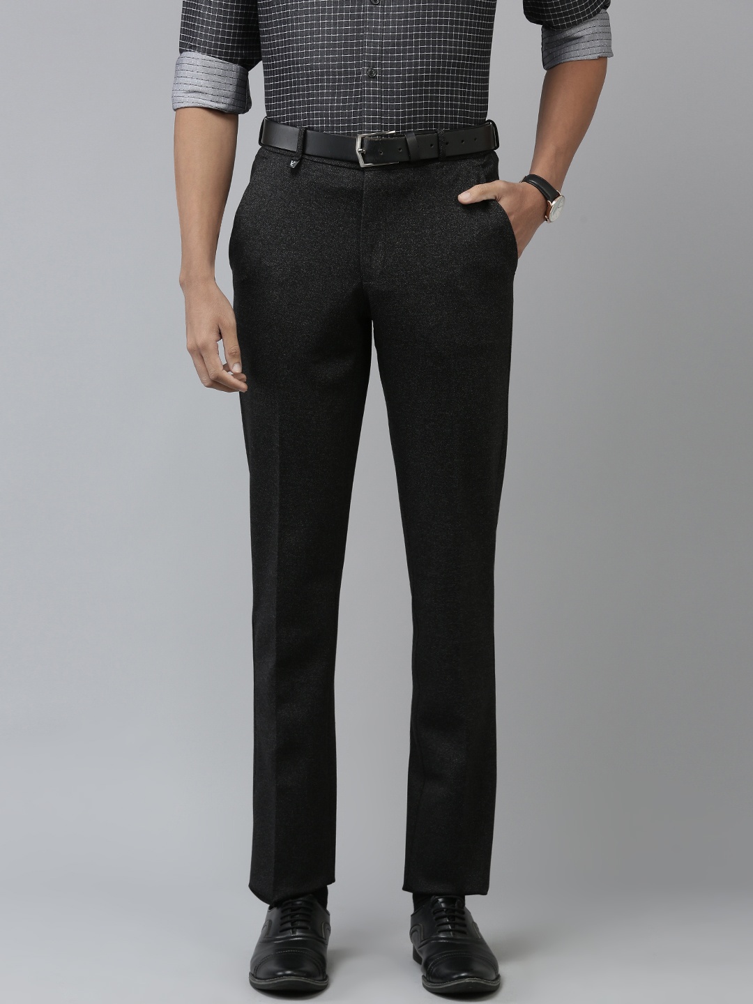 

V Dot Men Textured Slim Fit Formal Trousers, Black