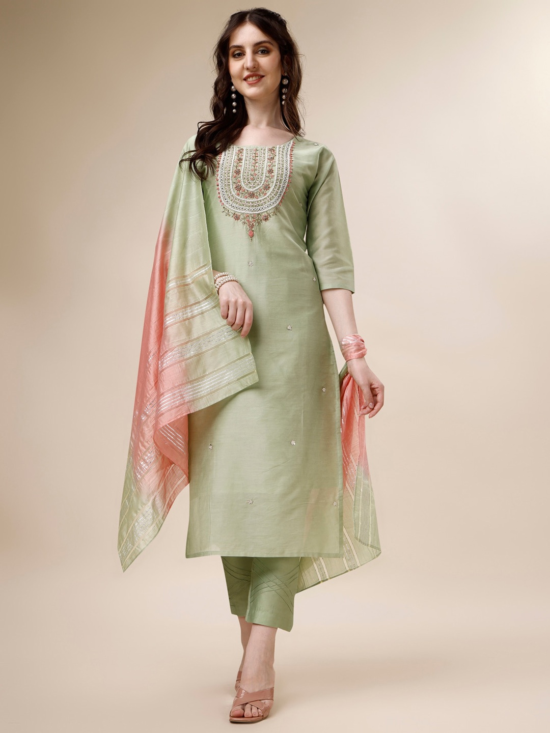 

Berrylicious Ethnic Embroidered Straight Chanderi Cotton Kurta & Trousers With Dupatta, Green