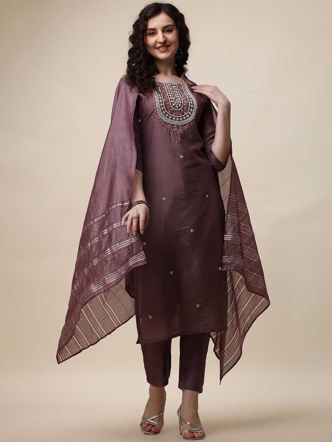 

Berrylicious Ethnic Embroidered Straight Chanderi Cotton Kurta & Trousers With Dupatta, Lavender