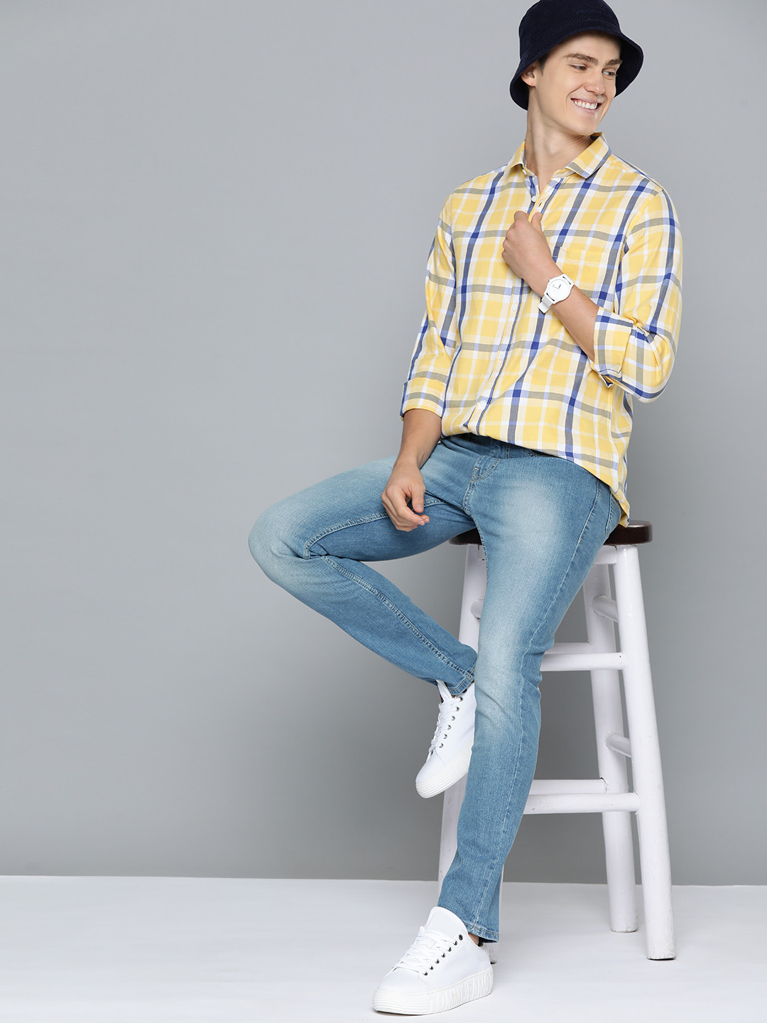 

Mast & Harbour Men Standard Slim Fit Tartan Checked Cotton Casual Shirt, Yellow