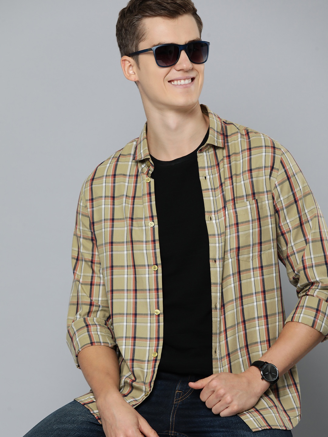 

Mast & Harbour Men Standard Slim Fit Tartan Checked Cotton Casual Shirt, Olive