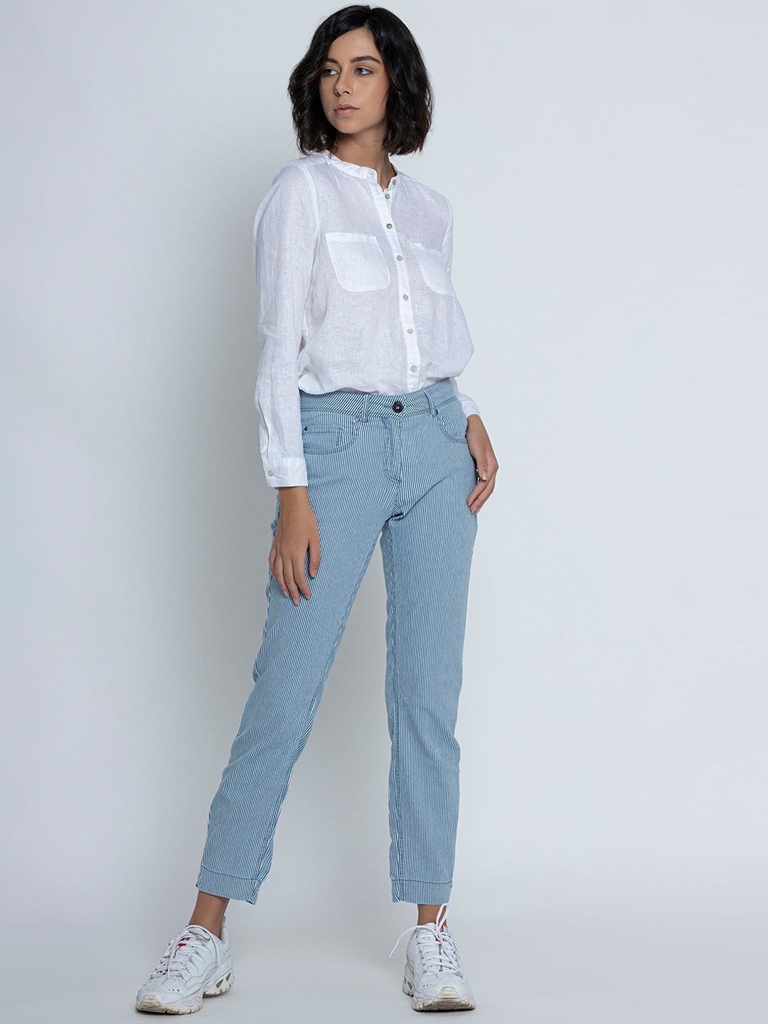 

B.Copenhagen Women Tailored Tapered Fit Striped Trousers, Blue