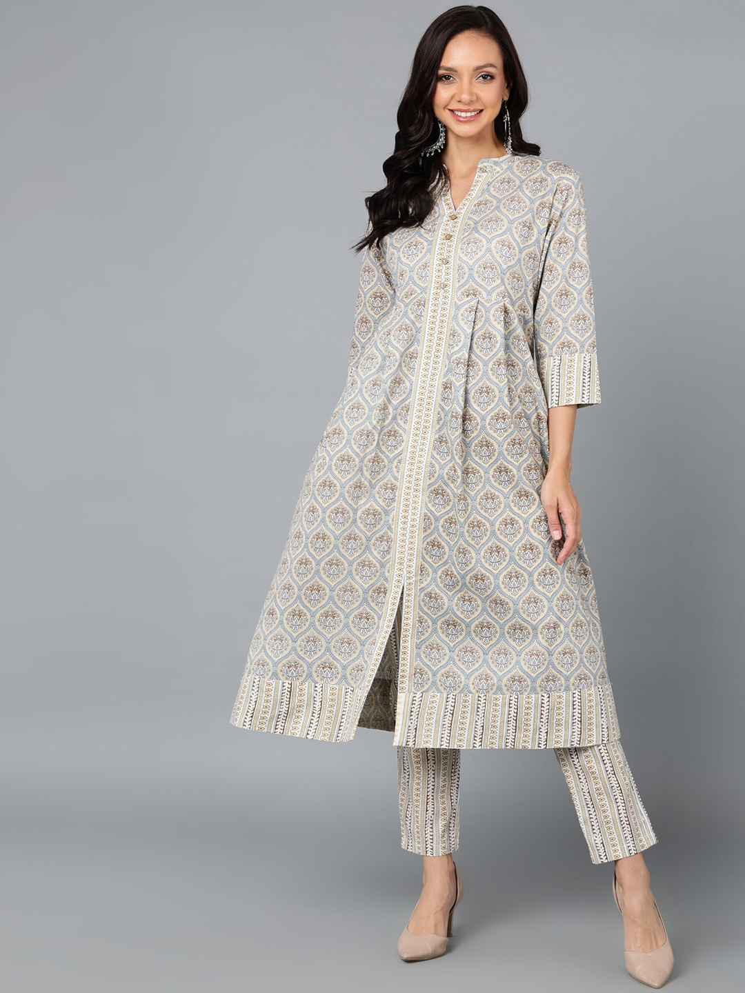 

KALINI Ethnic Motifs Ajrakh Printed Regular Pure Cotton Kurta With Trousers, Grey