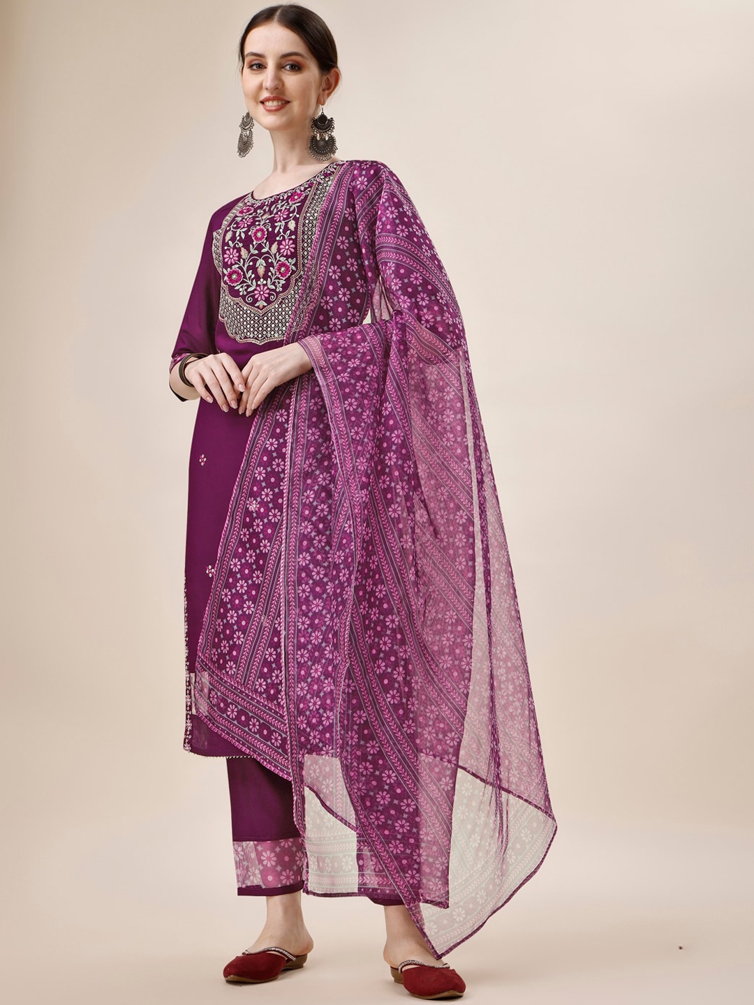 

Berrylicious Floral Embroidered Thread Work Chanderi Cotton Kurta with Trouser & Dupatta, Purple