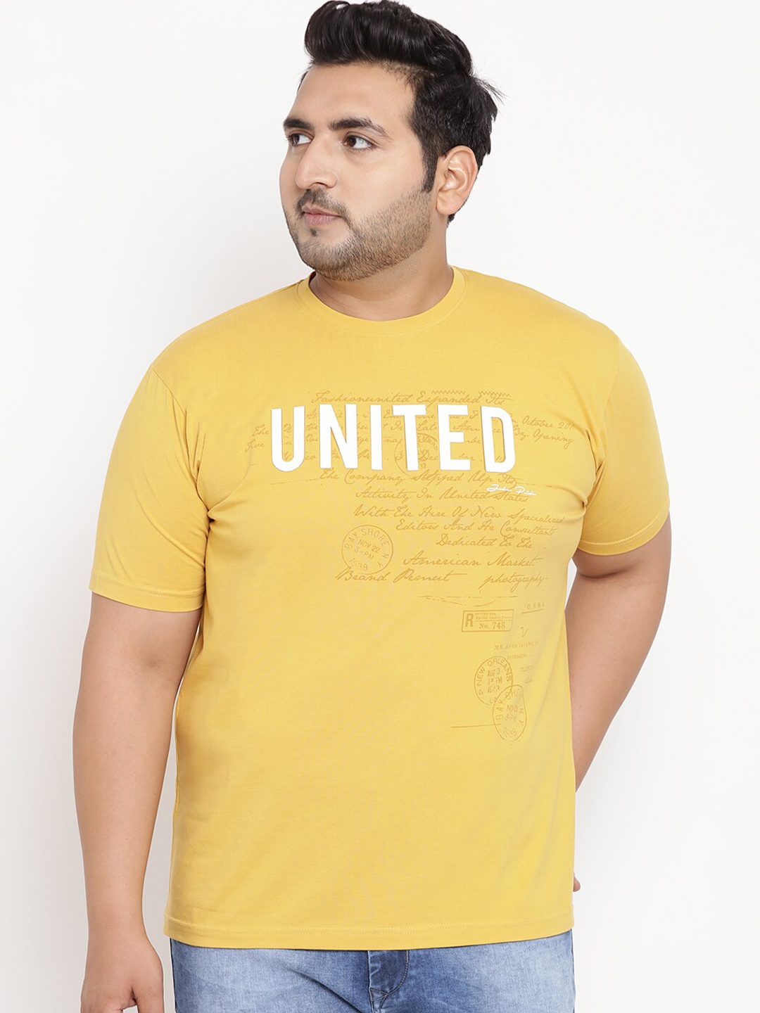 

John Pride Plus Size Typography Printed Cotton T-shirt, Mustard
