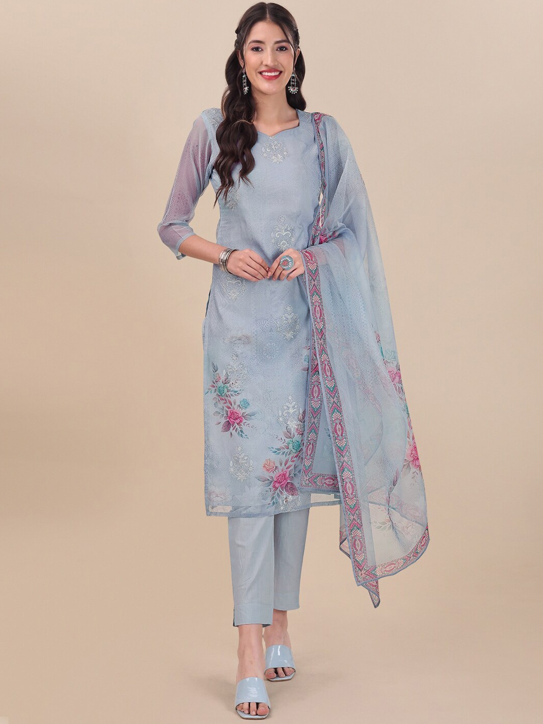 

Inddus Blue Floral Embroidered Thread Work Kurta & Trousers With Dupatta