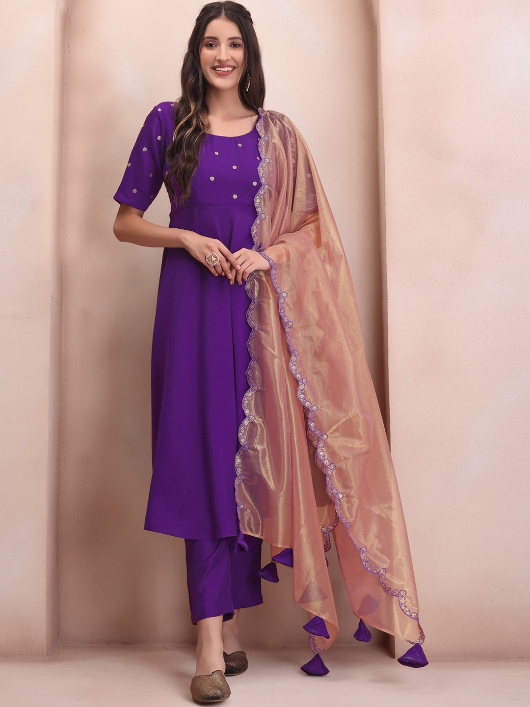

Inddus Purple Sequin Detail Chanderi Cotton Kurta & Trousers With Dupatta