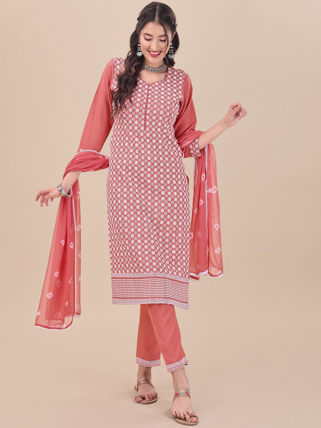 

Inddus Pink Floral Embroidered Chikankari Pure Cotton Kurta & Trousers With Dupatta