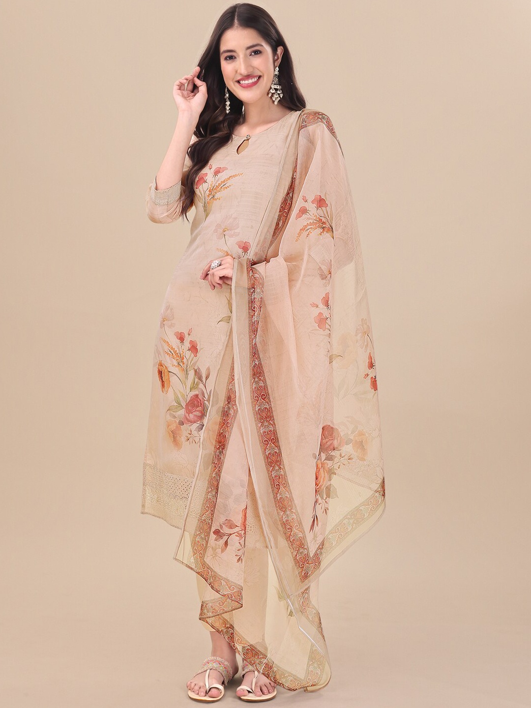 

Inddus Beige Floral Printed Keyhole Neck Kurta & Trousers With Dupatta