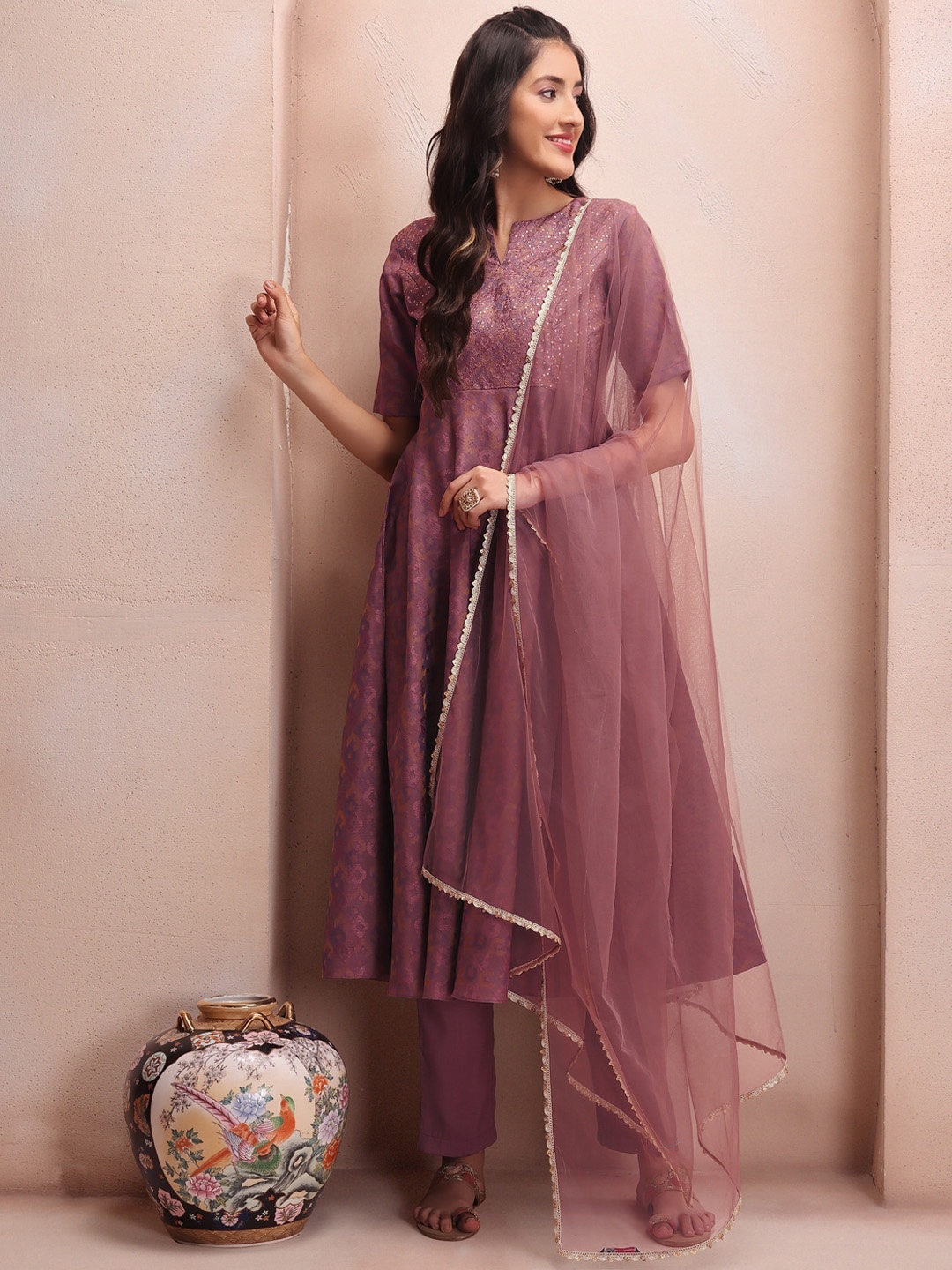 

Inddus Mauve Woven Design Sequinned A-Line Kurta & Trousers With Dupatta