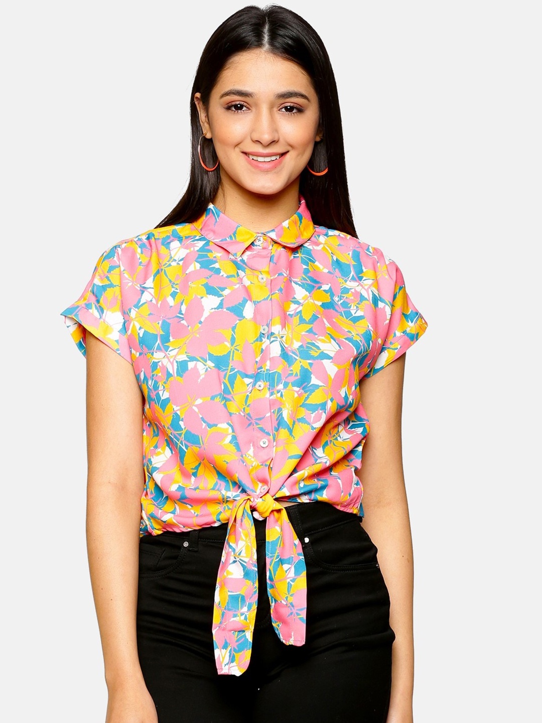 

Tusok Smart Tropical Printed Extended Sleeves Tie Ups Casual Shirt, Pink