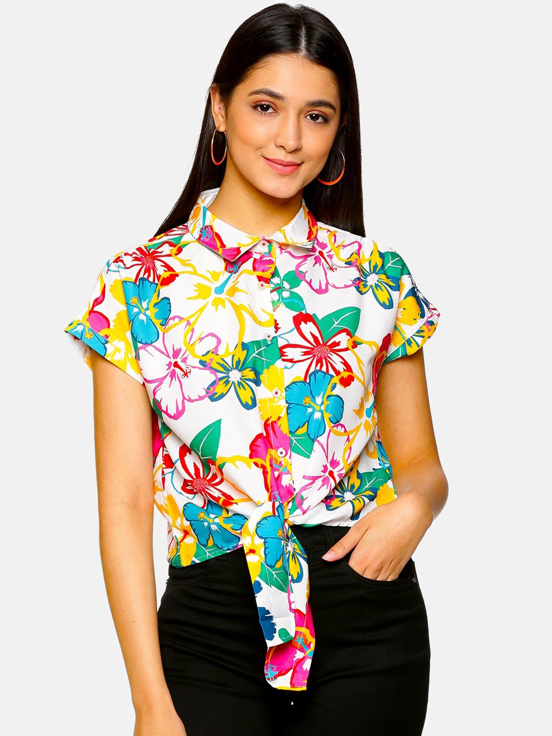 

Tusok Smart Floral Printed Extended Sleeves Tie Ups Casual Shirt, White
