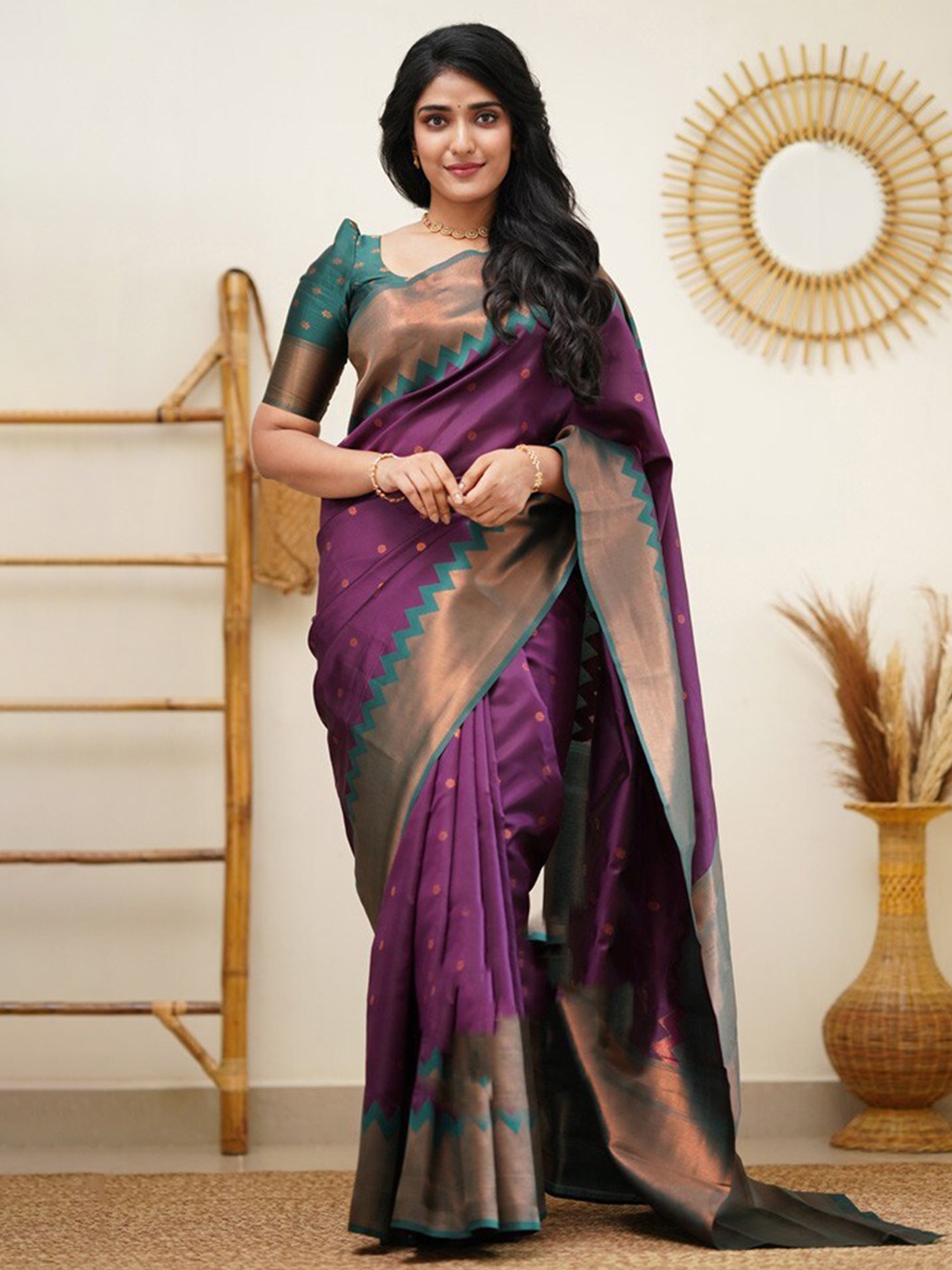 

TIEXA Ethnic Motifs Woven Design Zari Pure Silk Banarasi Saree, Purple