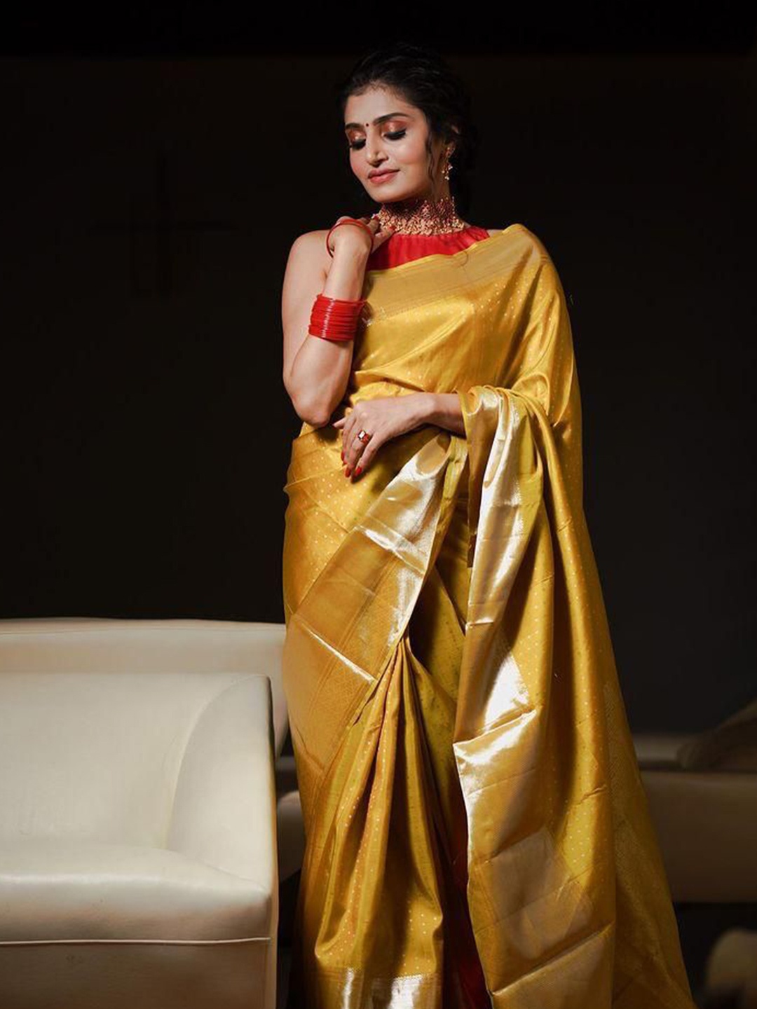 

TIEXA Ethnic Motifs Woven Design Zari Pure Silk Banarasi Saree, Yellow