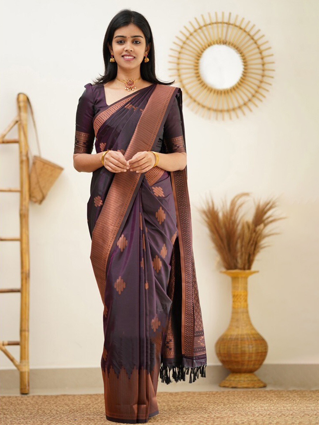 

TIEXA Ethnic Motifs Woven Design Zari Pure Silk Banarasi Saree, Purple