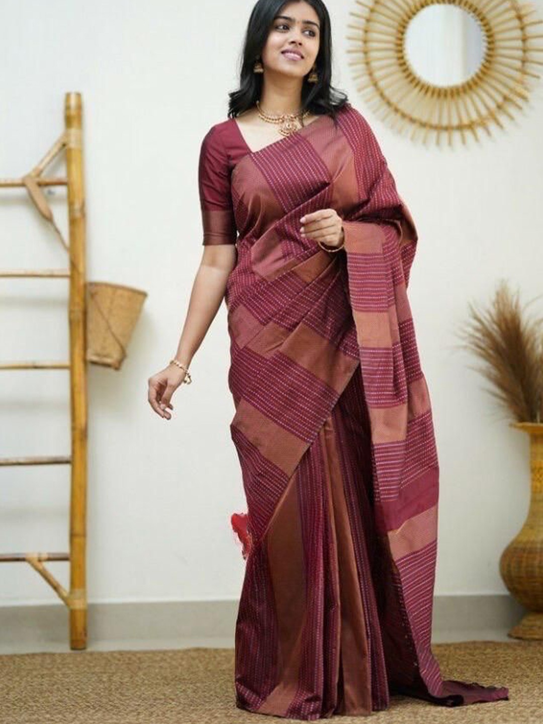

TIEXA Ethnic Motifs Zari Pure Silk Banarasi Saree, Maroon