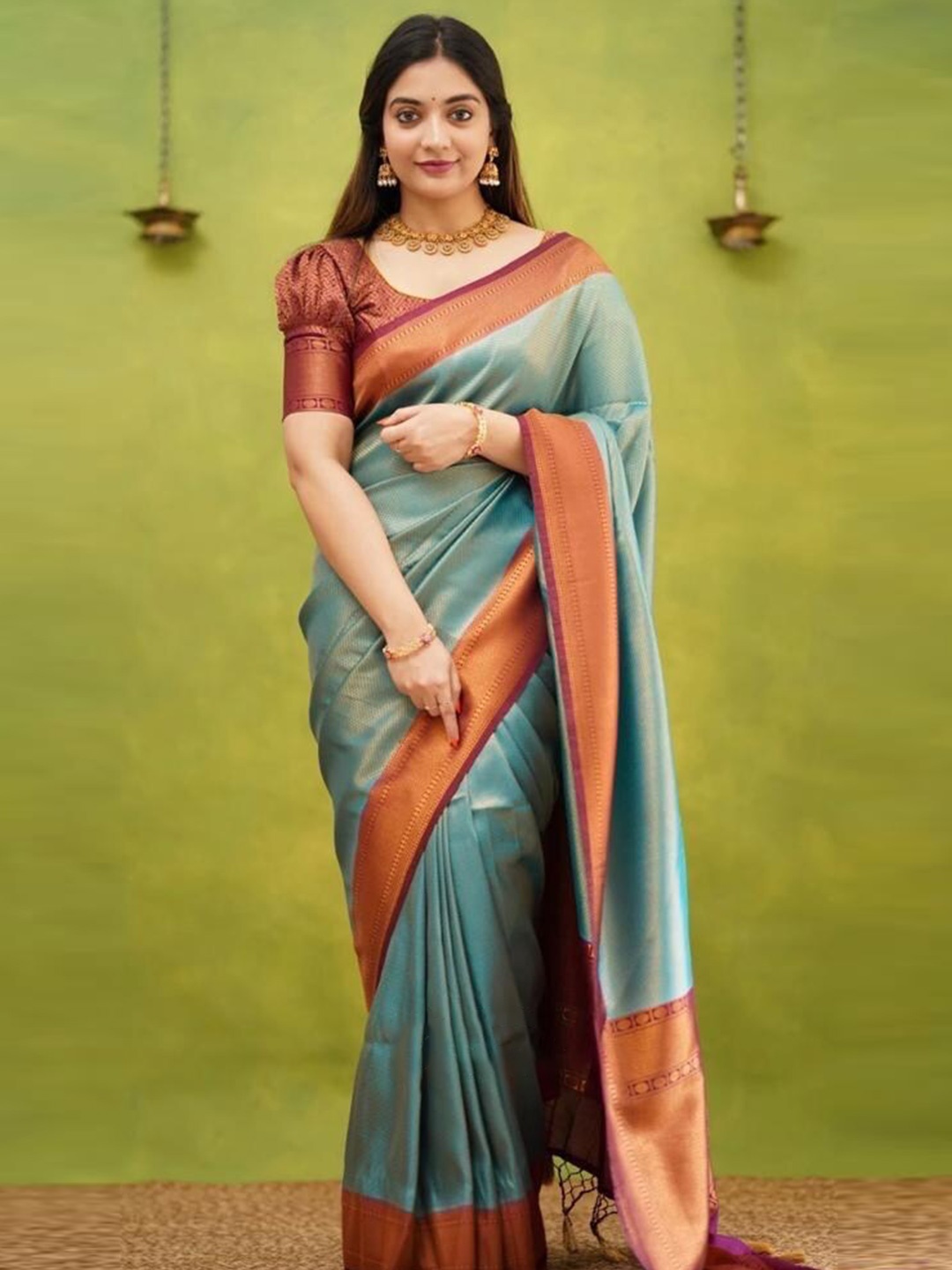 

TIEXA Ethnic Motifs Zari Pure Silk Banarasi Saree, Turquoise blue