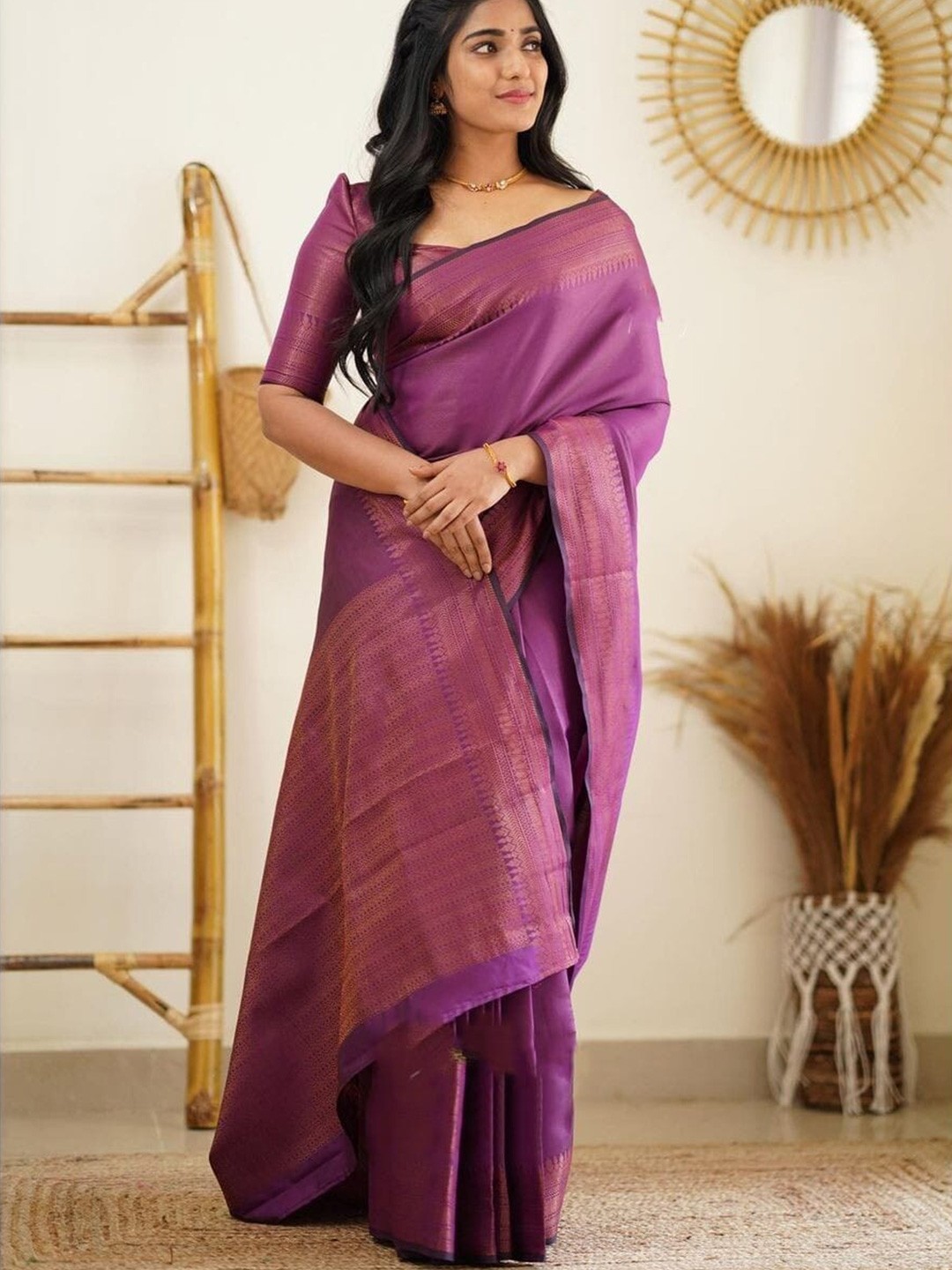 

TIEXA Ethnic Motifs Zari Pure Silk Banarasi Saree, Purple
