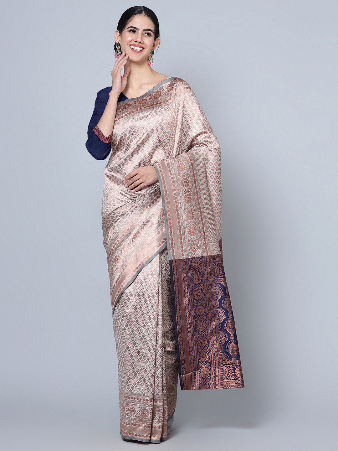 

TIEXA Ethnic Motifs Zari Pure Silk Banarasi Saree, Brown