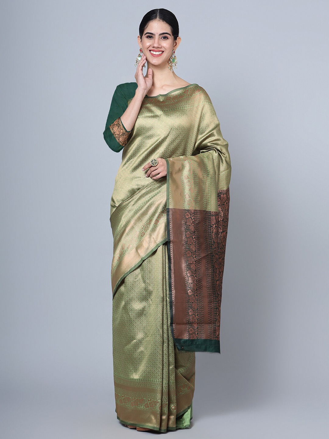 

TIEXA Ethnic Motifs Woven Design Zari Pure Silk Banarasi Saree, Sea green