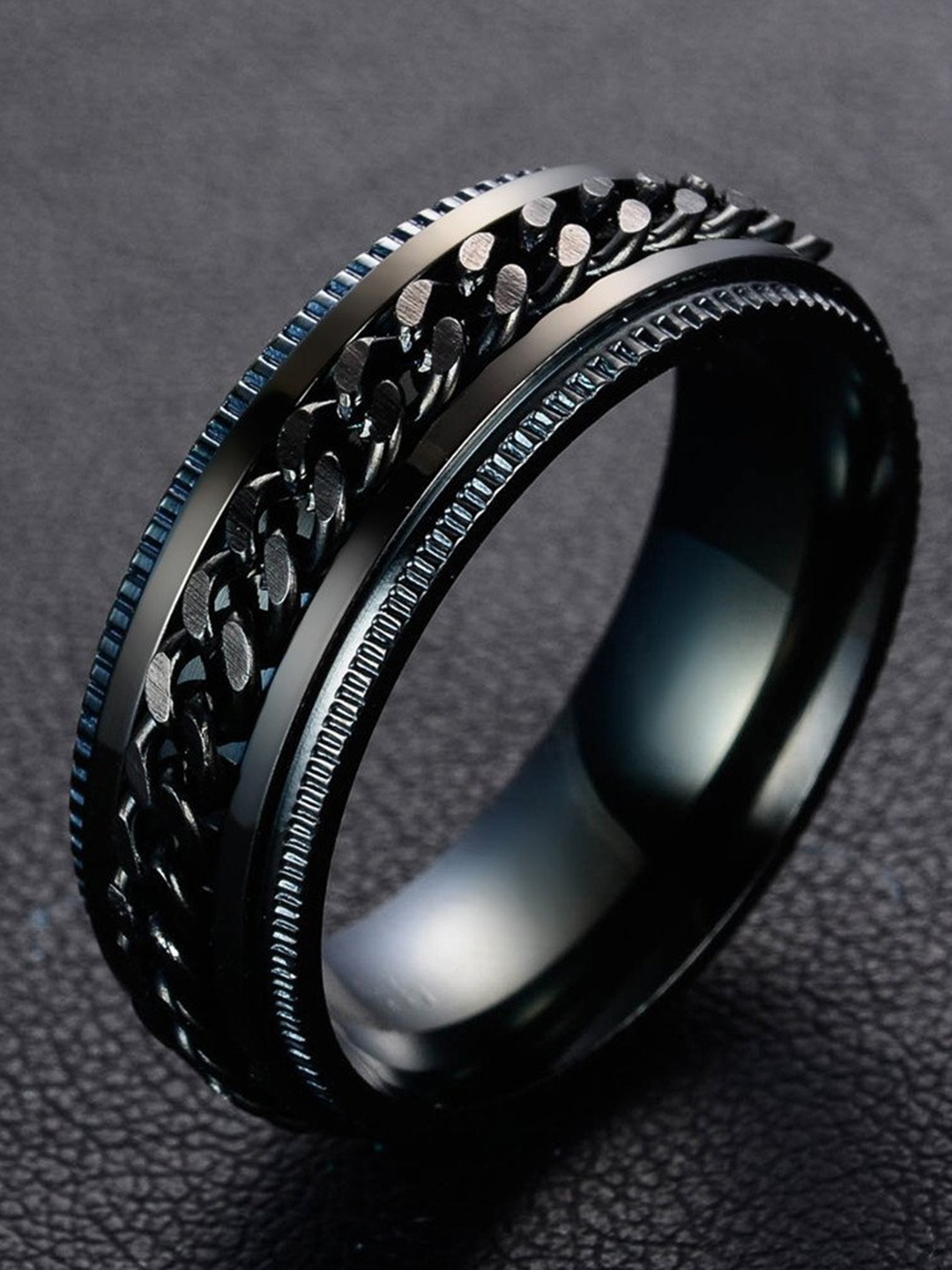 

MEENAZ Silver-Plated Textured Adjustable Band Finger Ring, Black