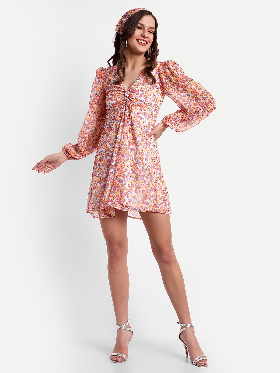 

ESSQUE Floral Printed Puff Sleeve Fit & Flare Dress, White
