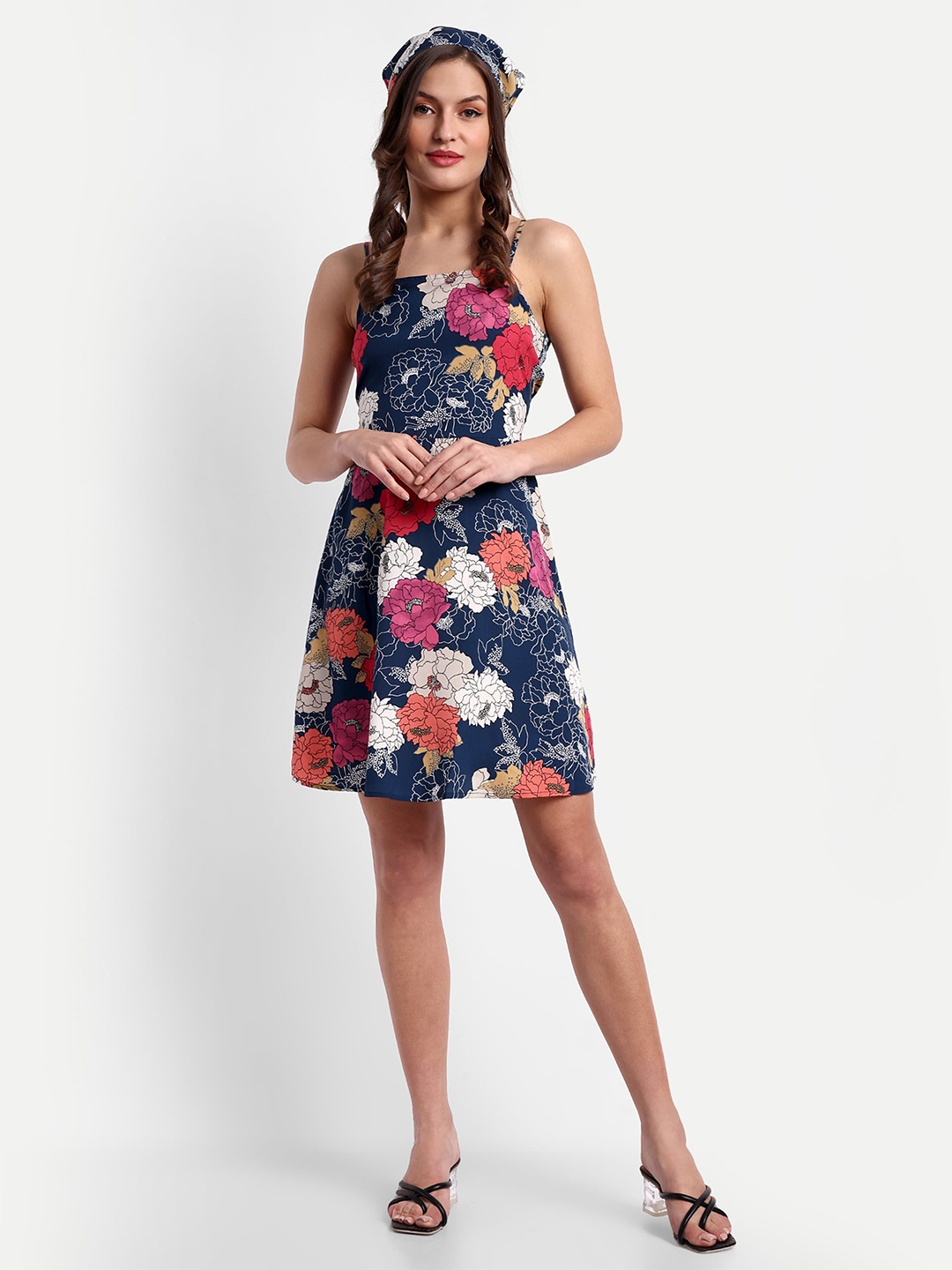 

ESSQUE Floral Printed Shoulder Strap Fit & Flare Dress, Blue