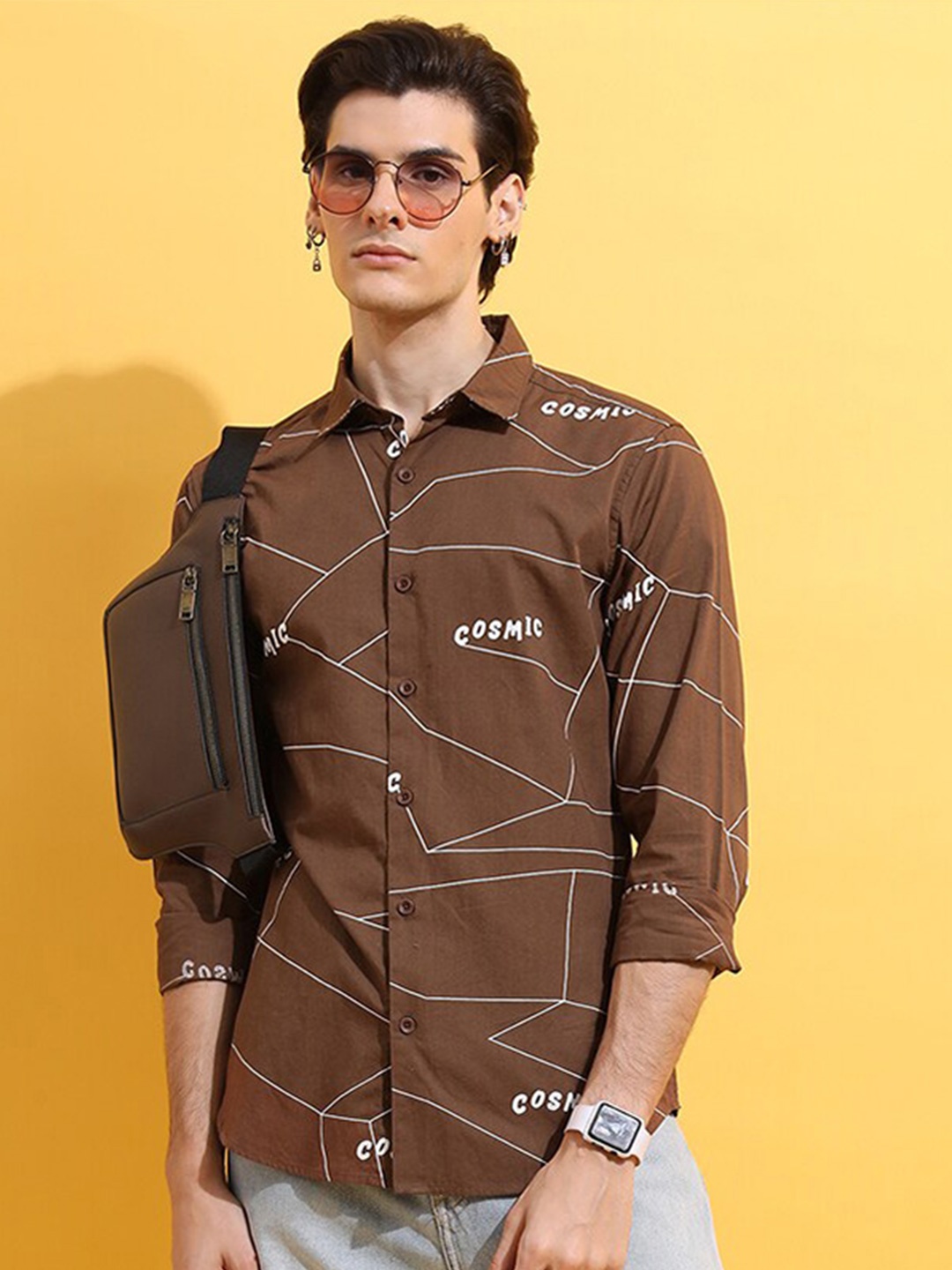 

HIGHLANDER Men Brown Slim Fit Opaque Printed Cotton Casual Shirt