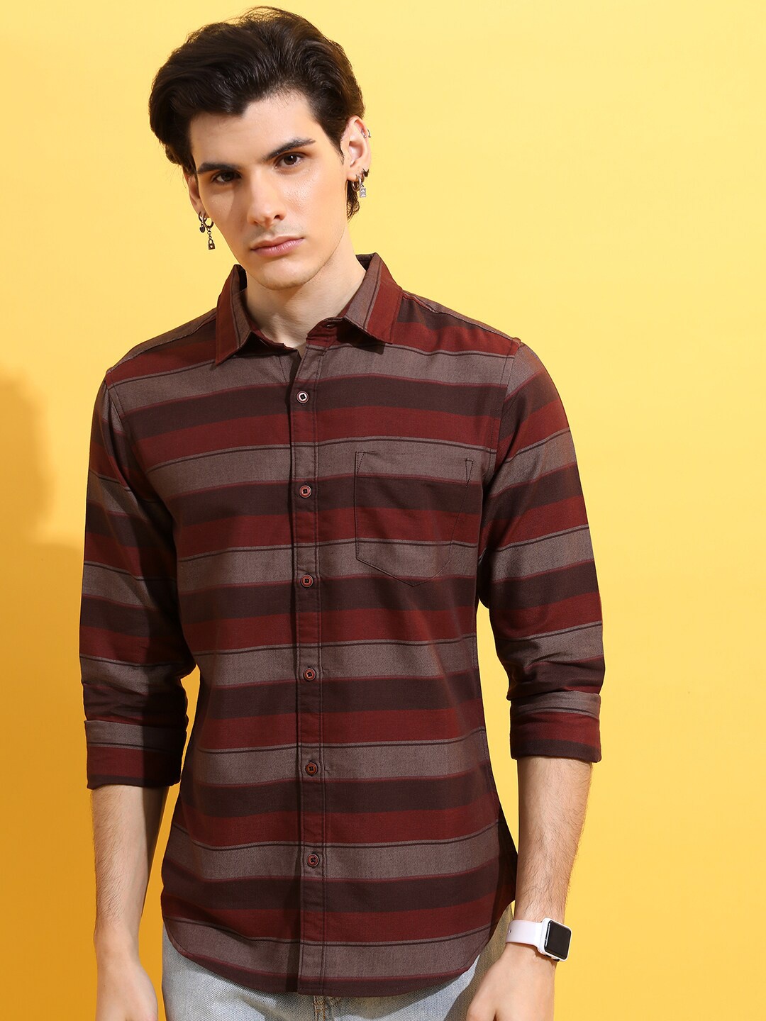 

HIGHLANDER Brown Slim Fit Horizontal Striped Opaque Casual Shirt