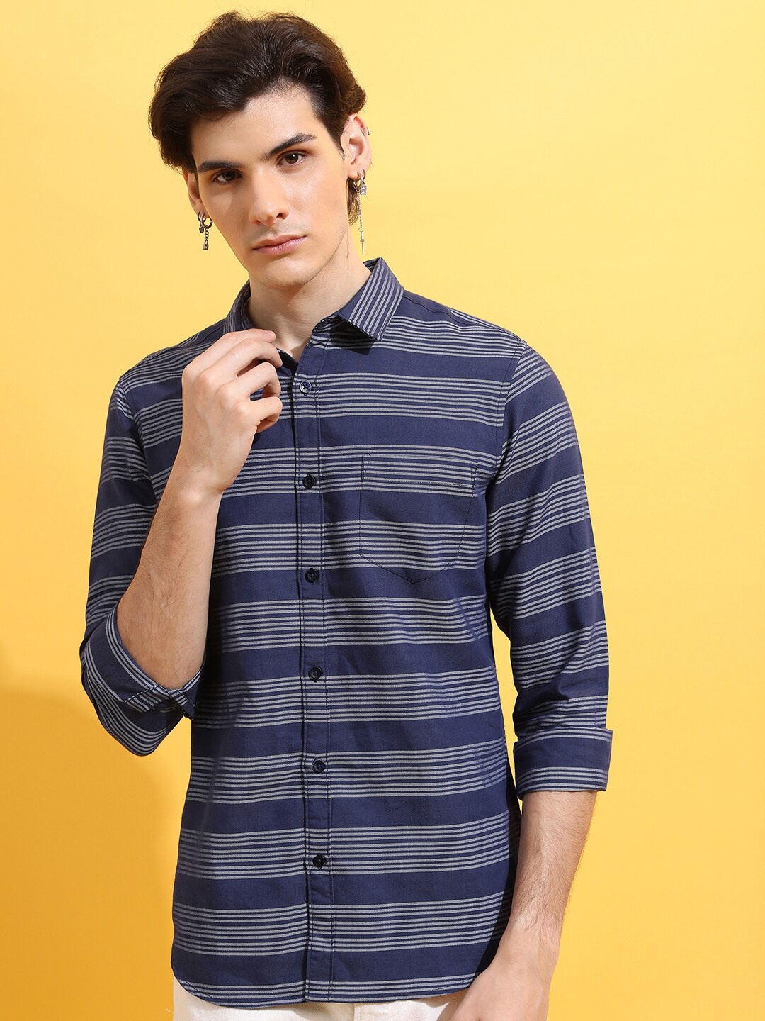 

KETCH Slim Fit Horizontal Striped Casual Shirt, Navy blue