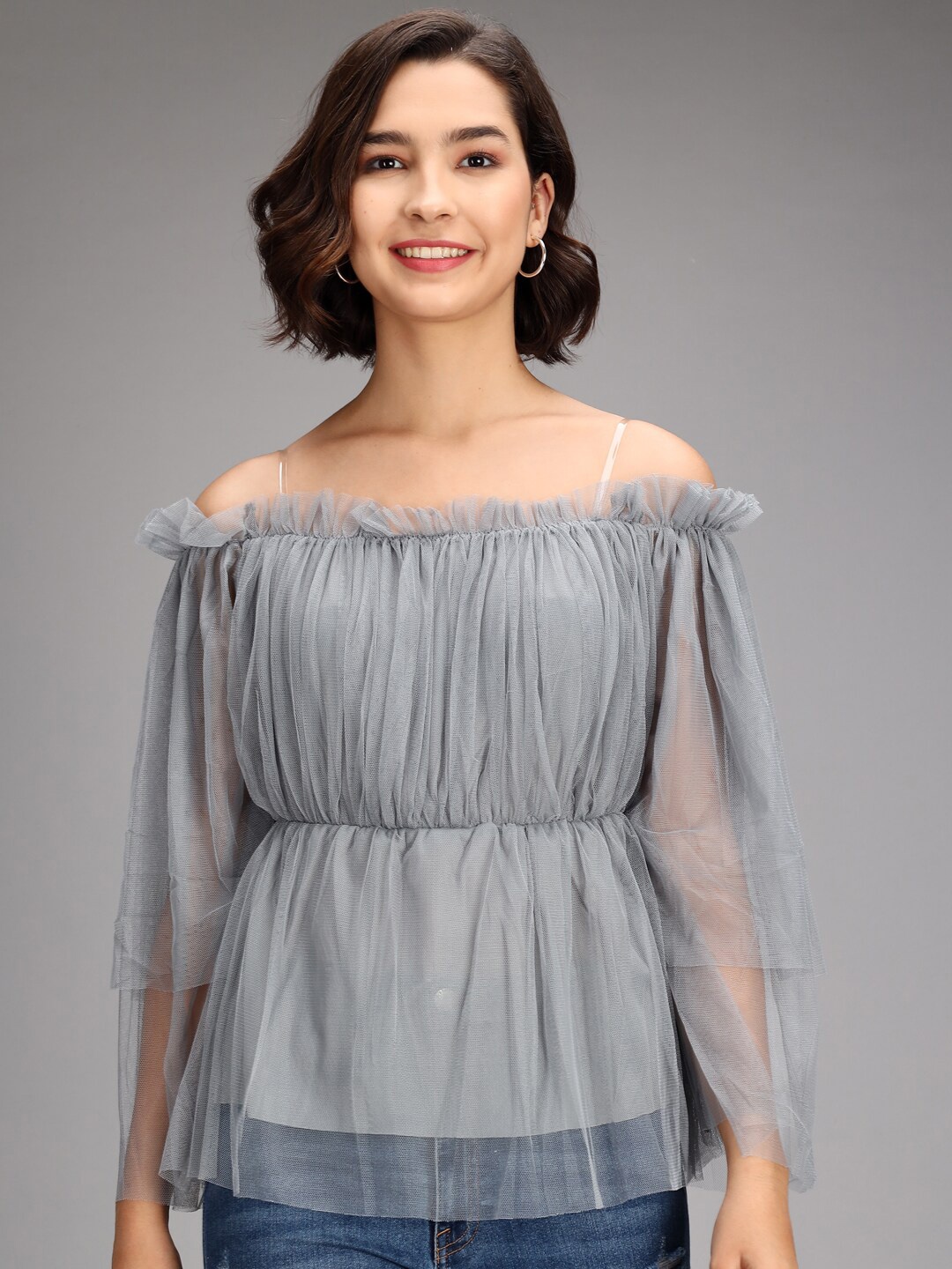 

BAESD Off-Shoulder Net Bardot Top, Grey