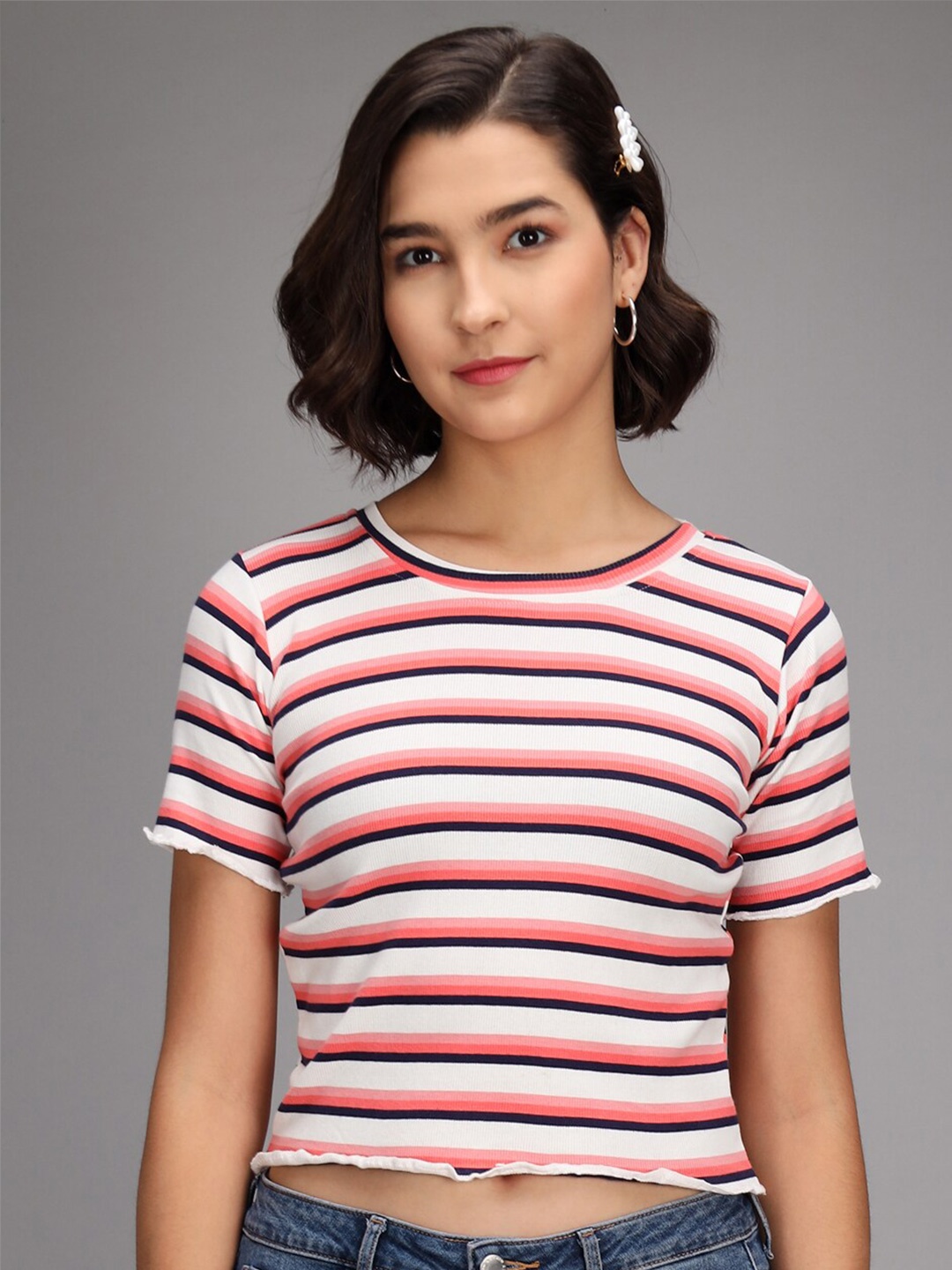 

BAESD Striped Round Neck Crop Top, White