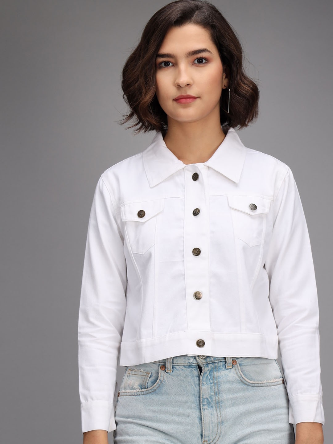 

BAESD Women Spread Collar Crop Cotton Denim Jacket, White