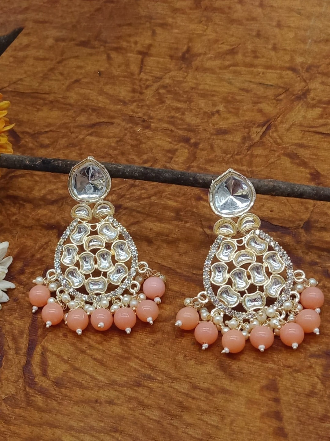 

AASHISH IMITATION Gold-Plated Kundan Contemporary Drop Earrings, Peach