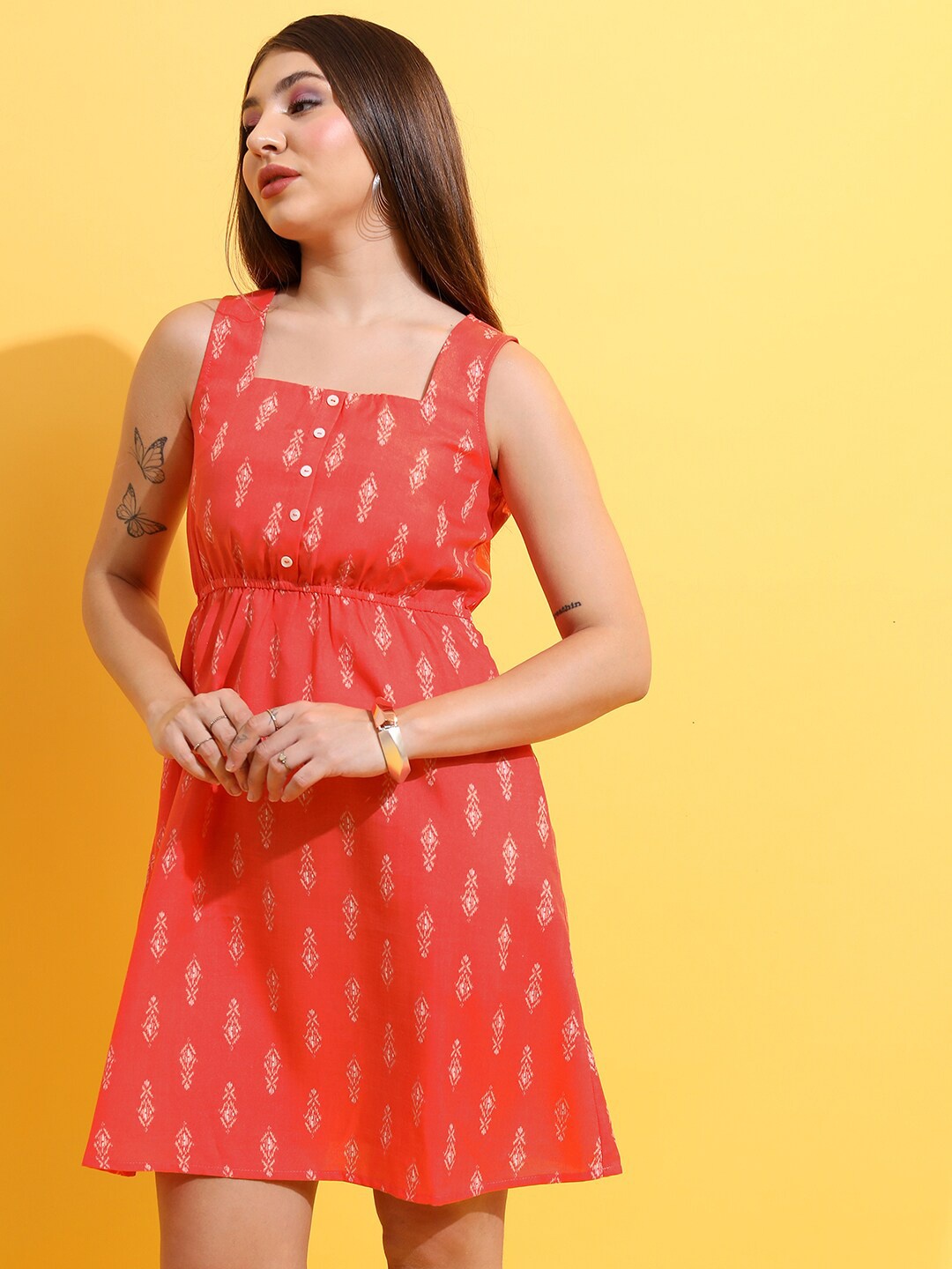 

KETCH Printed Sleeveless Square Neck Gathered A-Line Dress, Coral
